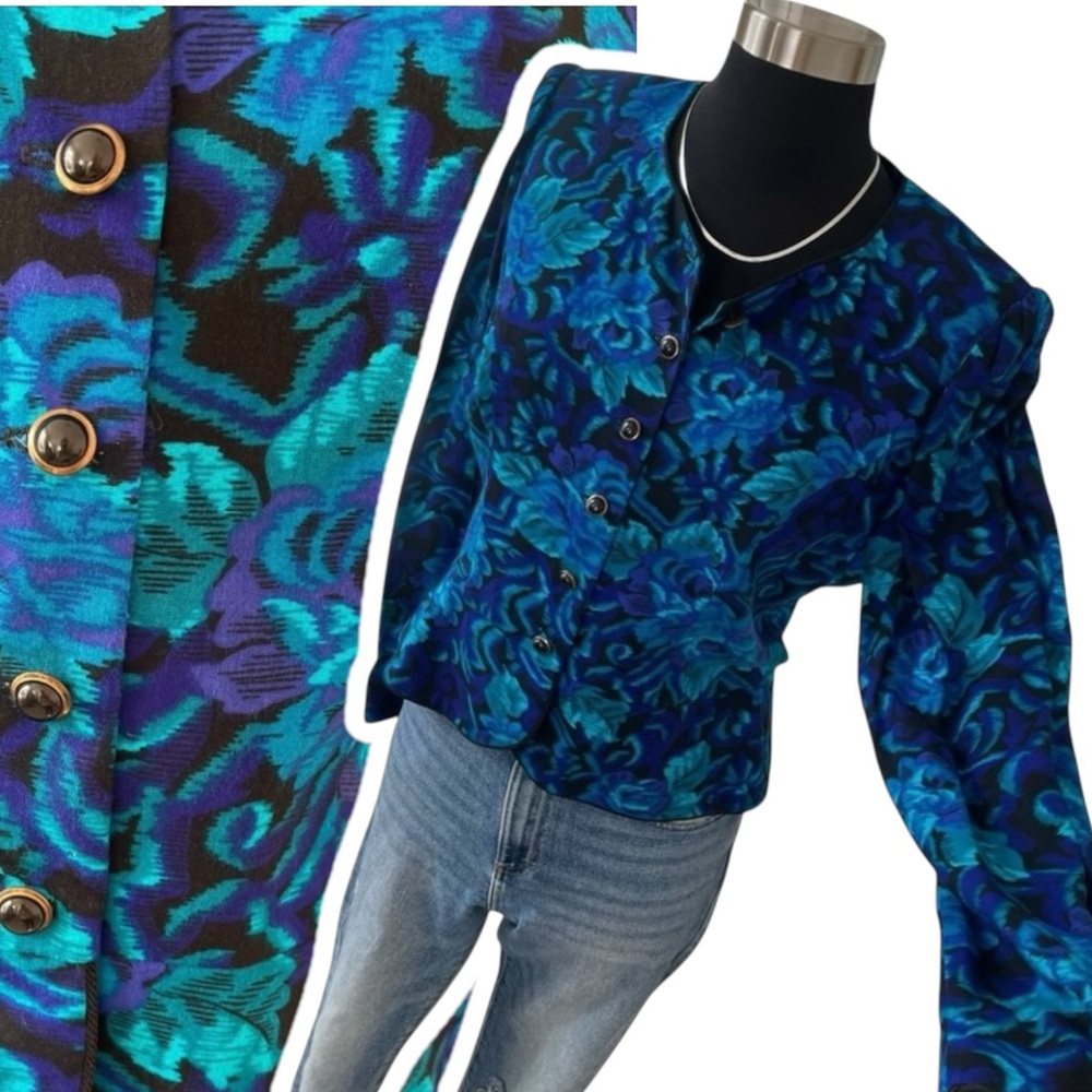 Vintage 70s floral print button up jacket blue S M